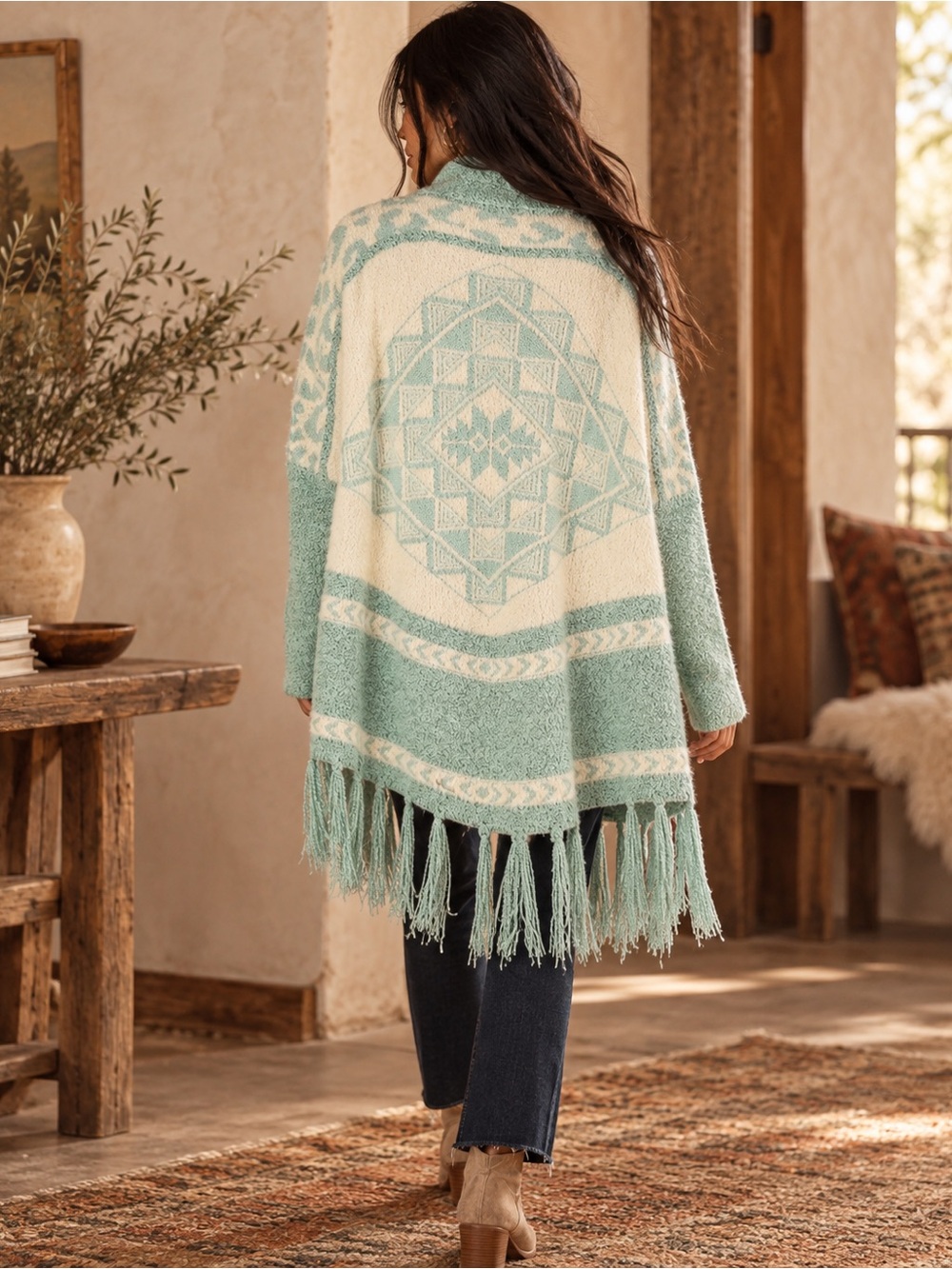 #217 New! Cozy Oversized Aztec Beautiful Mint Sweater Cardigan